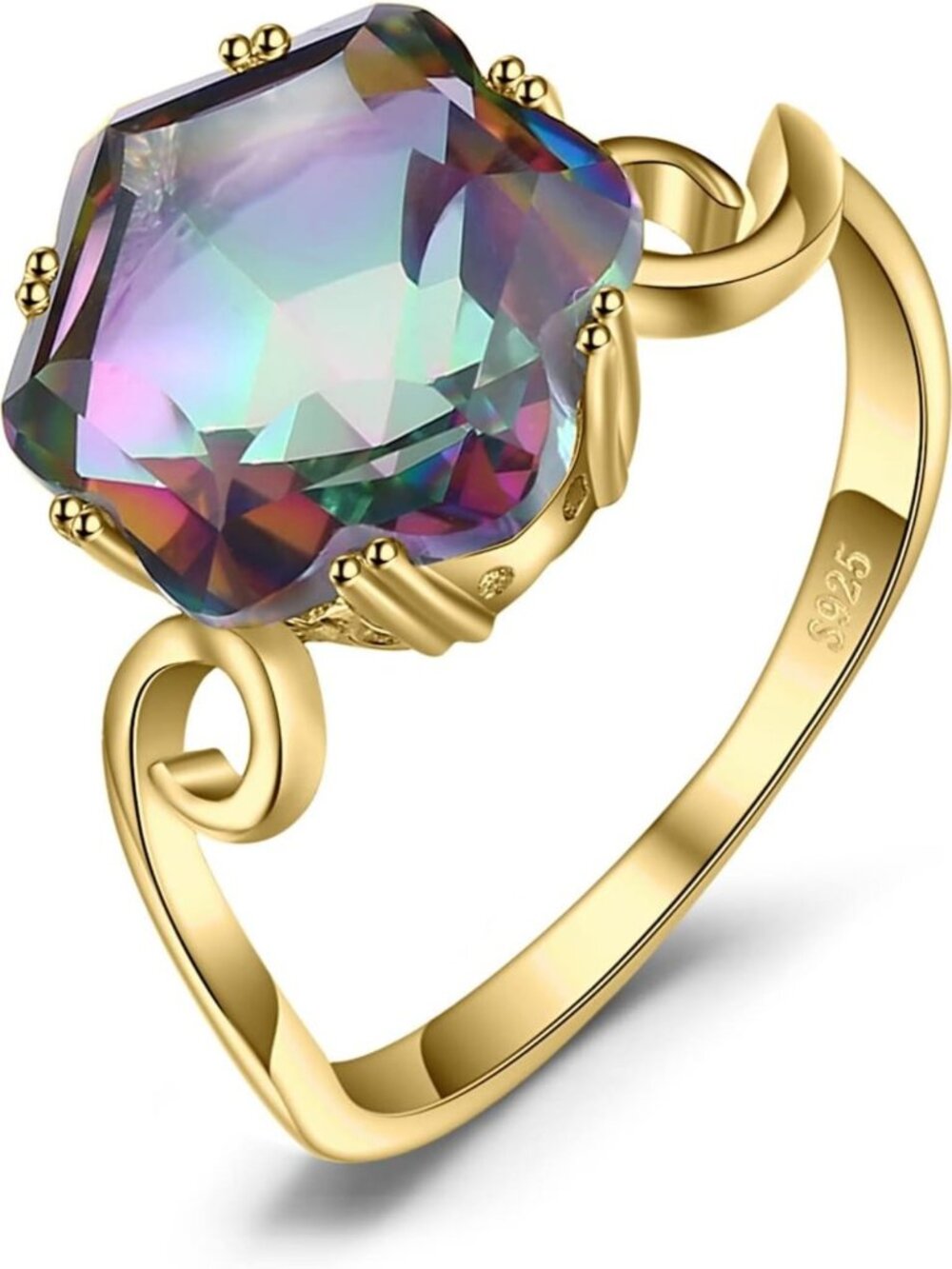 Stunning 5.7ct Multicolor Rainbow Quartz Cocktail Ring, 14K Gold Plated